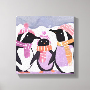 Lienzo Amigos Pingüinos de Navidad   Acuarela de Invierno