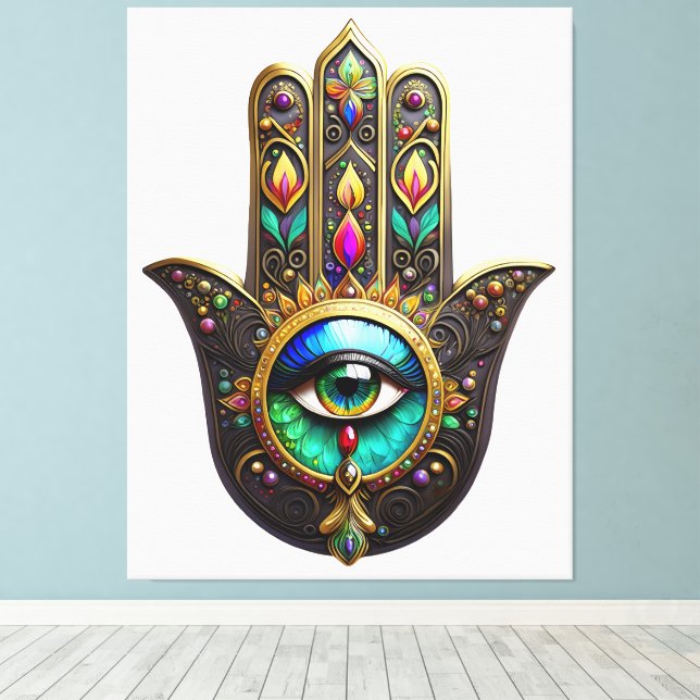 Lienzo Amuleto Hamsa Marrón Colorido Ojo Turco Arcoíris (Insitu (piso de madera))