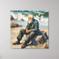 anciano a orillas del mar, gaviotas con gran pintu