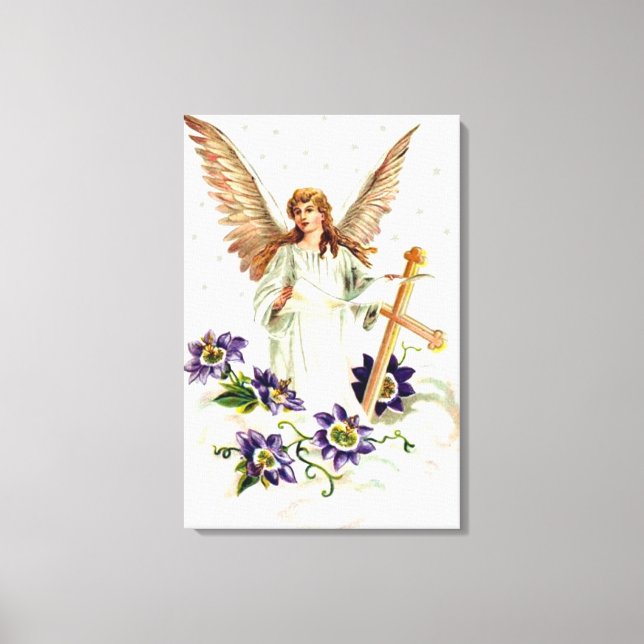 Lienzo Ángel con cruz y flores de clemátide (Anverso)