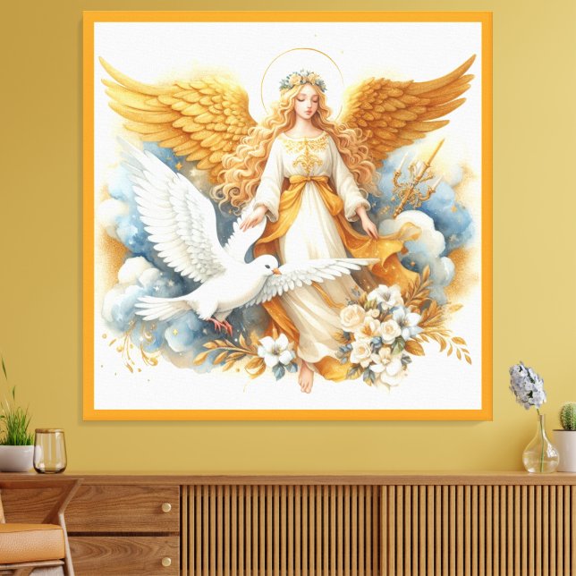 Lienzo Ángel de la Guarda Dorado con Pájaro Blanco (Insitu (Sala de estar))