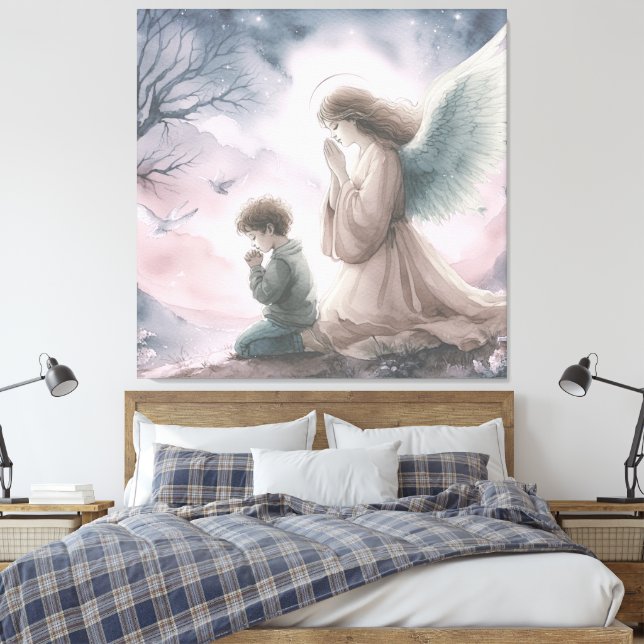 Lienzo Ángel de la guarda y niños rezando juntos (Insitu(Dormitorio))