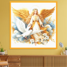 Ángel de la Guardia Dorada con pájaro blanco