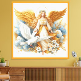 Lienzo Ángel de la Guardia Dorada con pájaro blanco