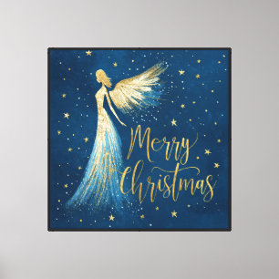 Lienzo Ángel de Navidad dorado sobre azul marino estrella