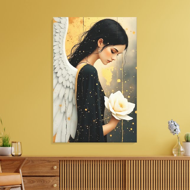 Lienzo Ángel Gótico Hermoso y Rosa Blanca Celestial (Insitu (Sala de estar))