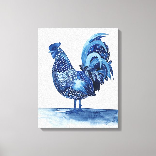 Lienzo Animales de la Granja Azul de Cobalto - Rooster (Anverso)