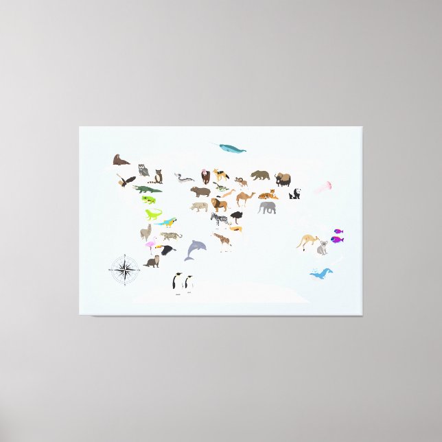 Lienzo Animales del Mapa Mundial de Niños (Anverso)