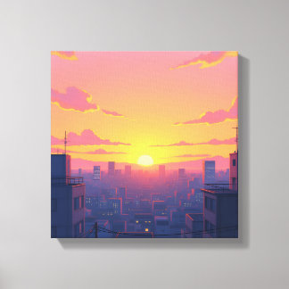 Lienzo Anime Sunset Cityscape Stretching Canvas Print