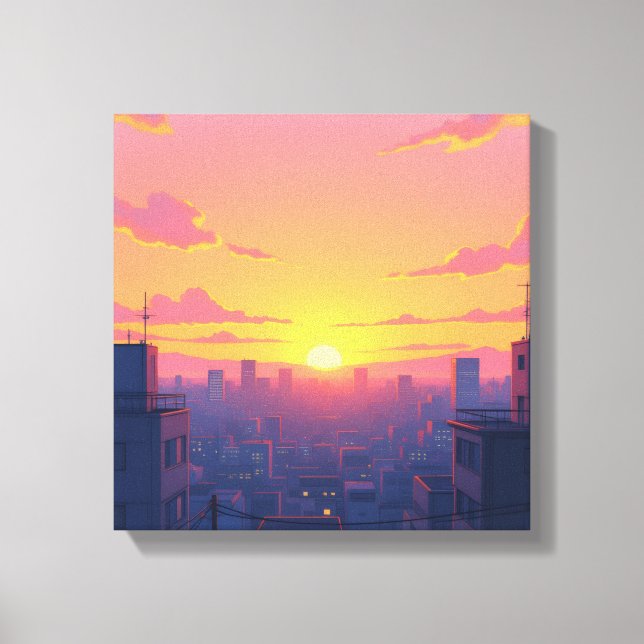Lienzo Anime Sunset Cityscape Stretching Canvas Print (Anverso)
