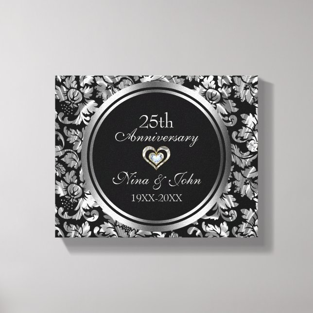 Lienzo Aniversario de Bodas de Plata Damask Plateado Metá (Anverso)