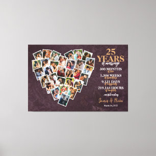 Lienzo Aniversario de Bodas de Plata en Forma de Corazón