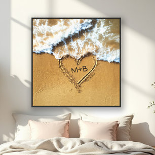 Lienzo Aniversario del Boda de Beach Ocean Heart Initials