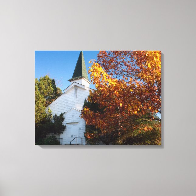 Lienzo Antigua iglesia blanca en otoño (Anverso)