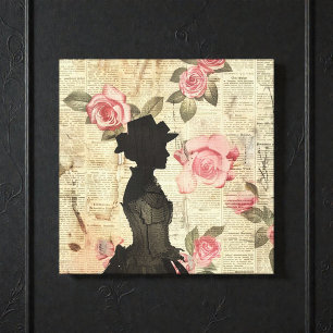 Lienzo Antigua silueta victoriana con rosas rosadas
