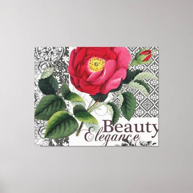 Lienzo Antigüedad floral de la Bonito de Damasco Rosa (Anverso)