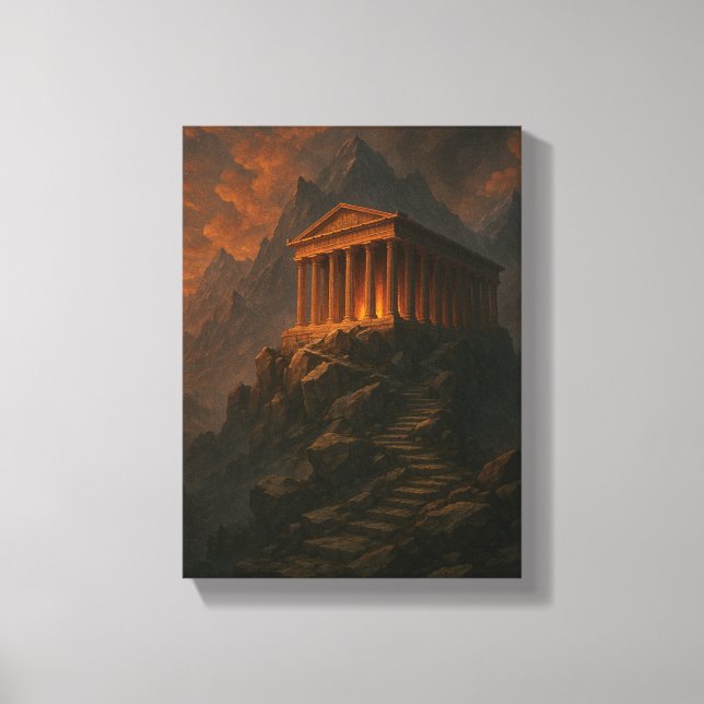 Lienzo Antiguo templo de la montaña rocosa en Sunset Glow (Anverso)