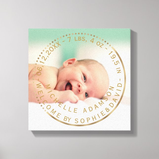 Lienzo Anuncio de nacimiento de oro foto de Keepsake Gems (Anverso)