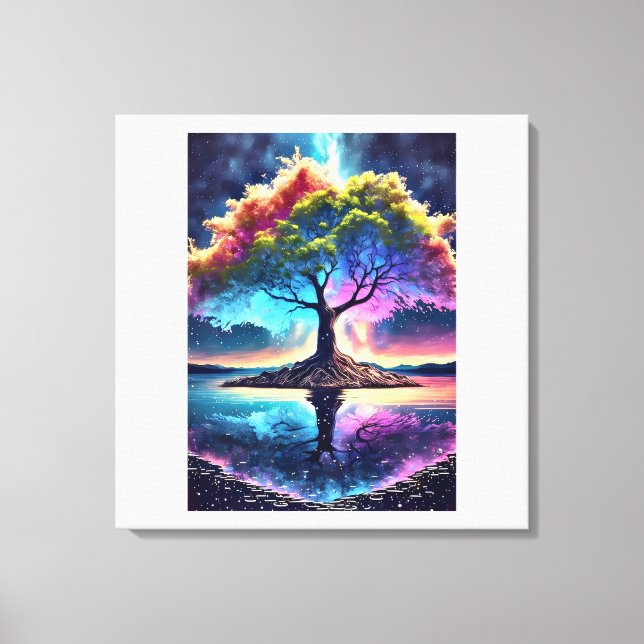 Lienzo Árbol Arcoíris de Fantasía en una Isla – Cielo Noc (Anverso)