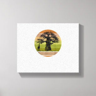 Lienzo Árbol Baobab y Jirafa Atardecer Africano Retro