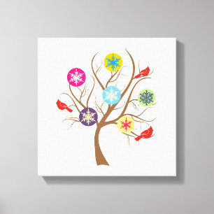 Lienzo Árbol con copos de nieve y cardenales moderno