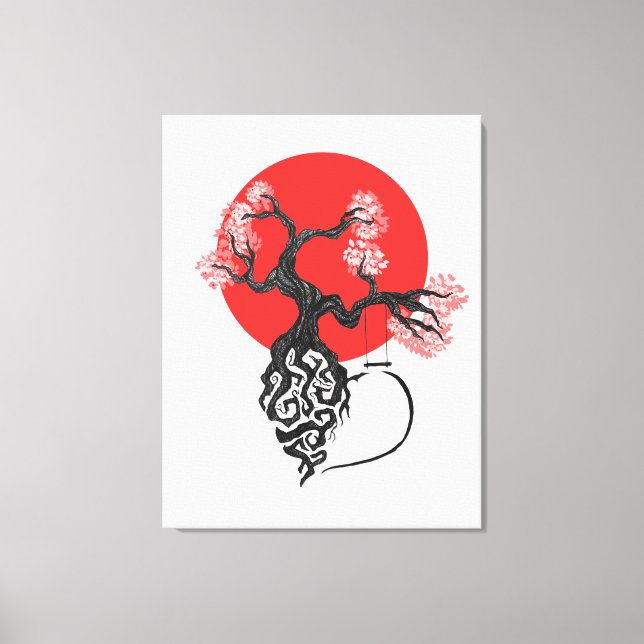Lienzo Árbol de flores de cerezo con sol japonés (Anverso)