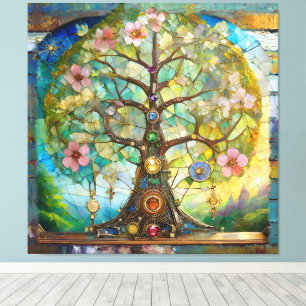 Lienzo Árbol de la Vida Florido de los 7 Chakras
