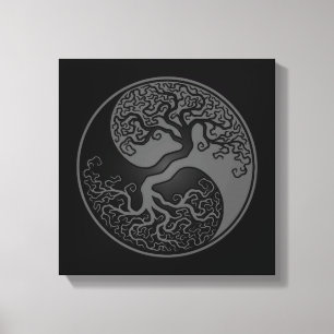 Lienzo Árbol de la vida gris y negro Yin Yang