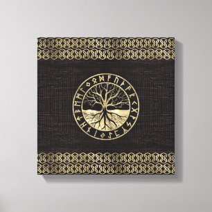 Lienzo Árbol de la vida - Yggdrasil y runas en la madera