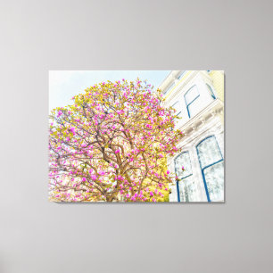 Lienzo Árbol de magnolia florecido junto a casa victorian