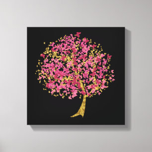 Lienzo Árbol de mariposas rosadas y doradas