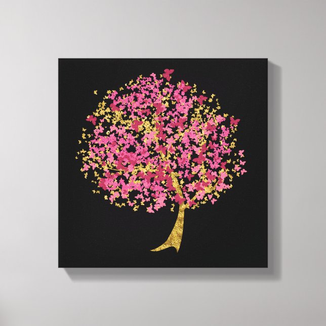 Lienzo Árbol de mariposas rosadas y doradas (Anverso)