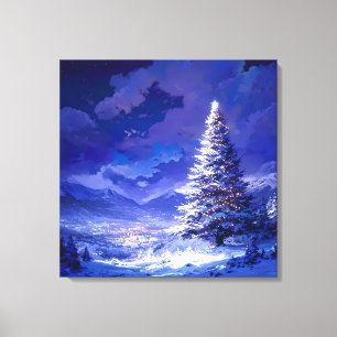 Lienzo Árbol de Navidad Brillante Paisaje de Montaña Neva