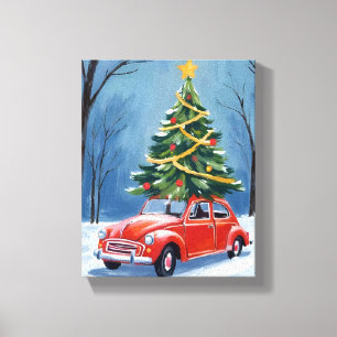 Lienzo Árbol de Navidad de Coche Rojo Antiguo