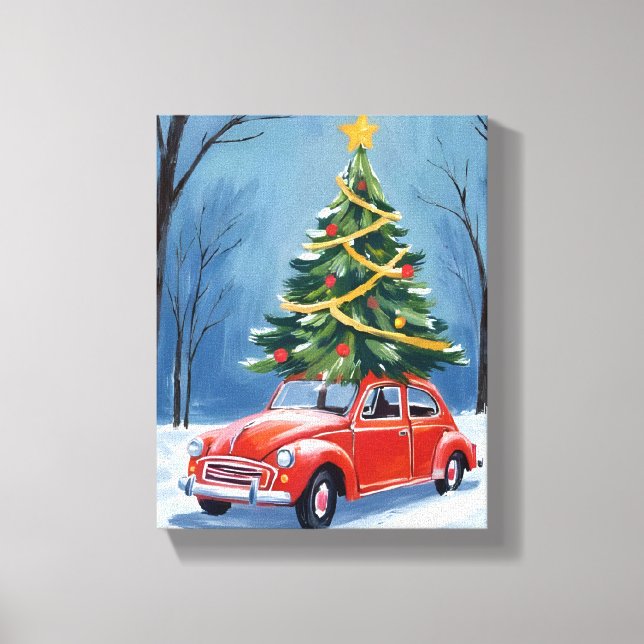 Lienzo Árbol de Navidad de Coche Rojo Antiguo (Anverso)