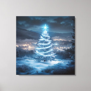 Lienzo Árbol de Navidad de Noche de Invierno Brillante Az