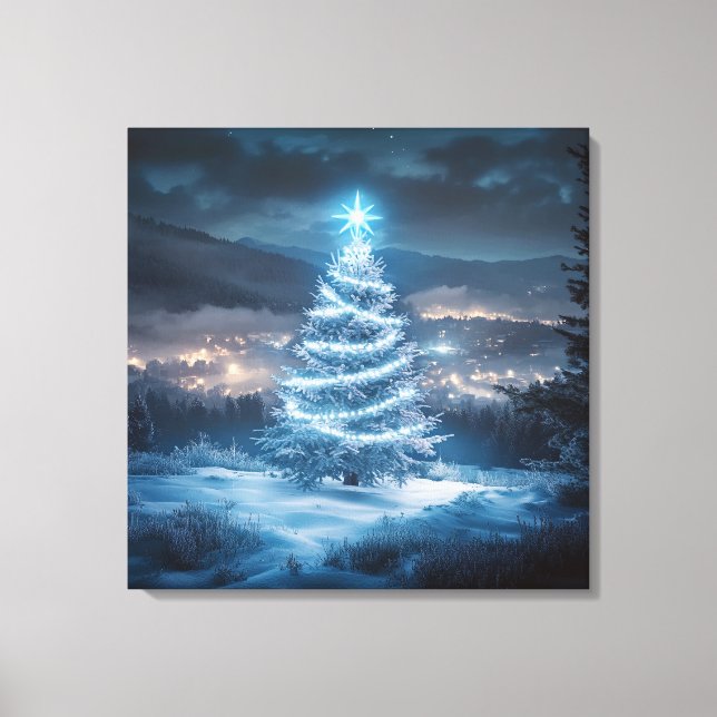 Lienzo Árbol de Navidad de Noche de Invierno Brillante Az (Anverso)