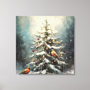 Lienzo Árbol de Navidad invernal rústico con pájaros rojo