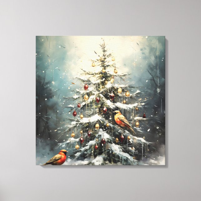 Lienzo Árbol de Navidad invernal rústico con pájaros rojo (Anverso)