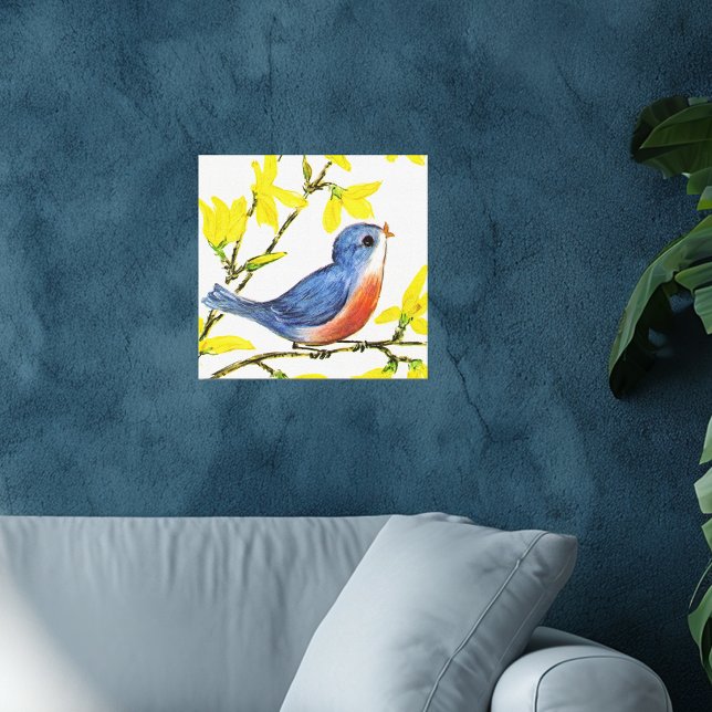 Lienzo Árbol de pájaro azul cantando lindo (Little singing blue and red bird on branch yellow flowers faux textured white canvas art print.)