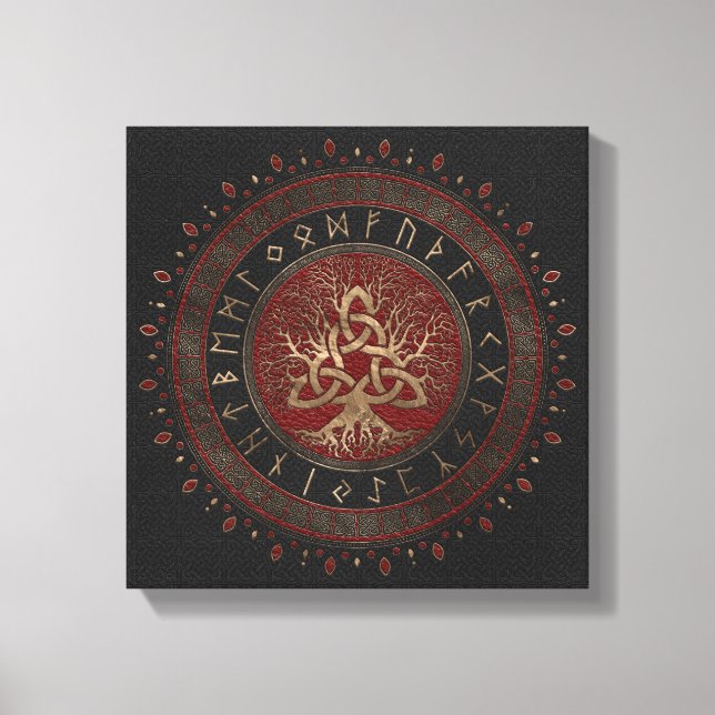 Lienzo Árbol de vida con cuero rojo negro Triquetra (Anverso)