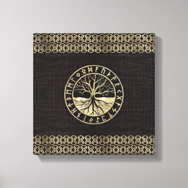 Lienzo Árbol de vida -Yggdrasil y Corre sobre la madera (Anverso)