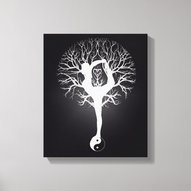 Lienzo Árbol de yoga blanco y negro con mujer y yin yang. (Anverso)