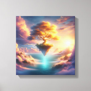 Lienzo Árbol Dorado Elevándose Sobre Isla Flotante Oníric