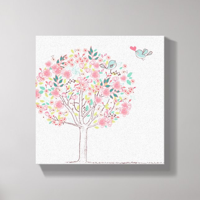 Lienzo Árbol floreciente y pájaros enamorados (Anverso)