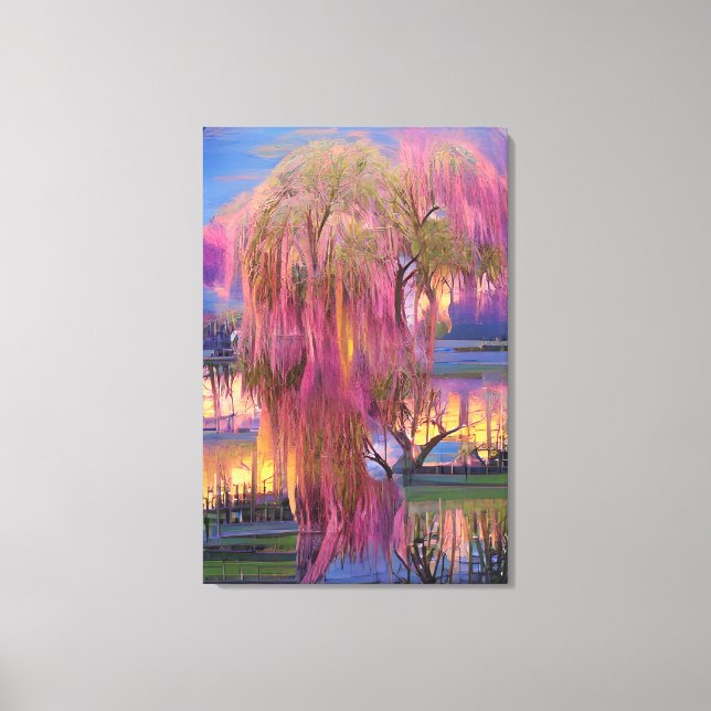Lienzo Árbol guiado rosado al atardecer junto al estanque (Anverso)
