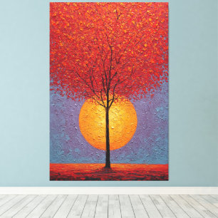 Lienzo Árbol Rojo Fiery con Sol Dorado Textura Abstracta