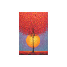Árbol Rojo Fiery con Sol Dorado Textura Abstracta 