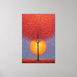 Lienzo Árbol Rojo Fiery con Sol Dorado Textura Abstracta 