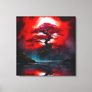 Lienzo Árbol Rojo Místico Bajo Luna Llena